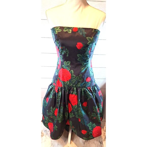 Morton Miles Design 80's Vintage Floral Rose Print Party Cocktail Prom Dress - Picture 2 of 16